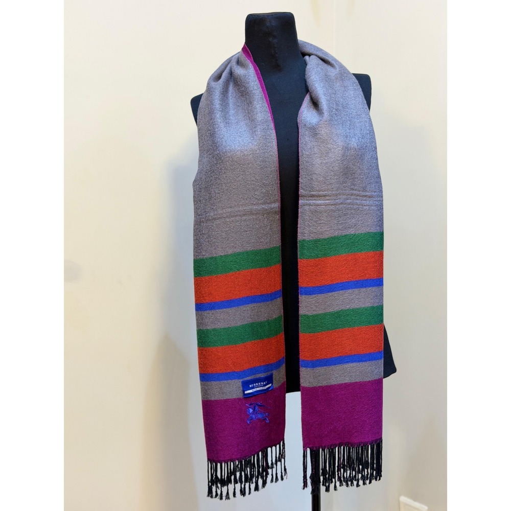Burberry London Blue Label Grey Magenta Striped Logo Fringe Wrap Scarf